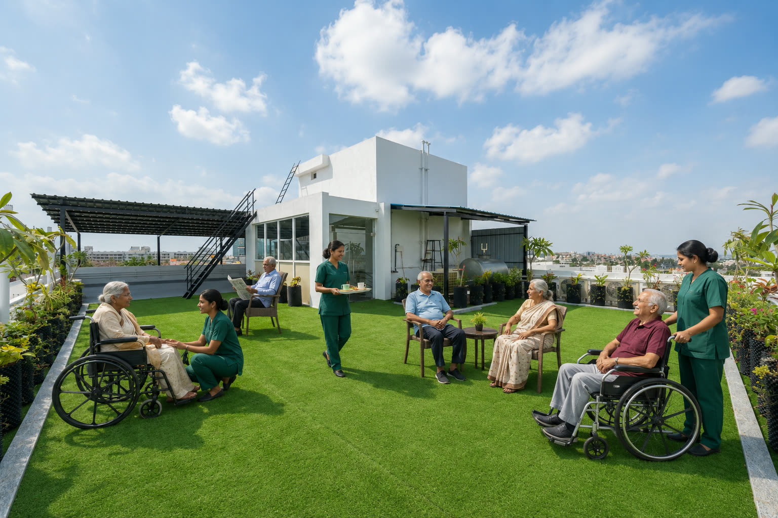 Landscaped sky garden at Heritage Care with residents and staff in the morning sun
